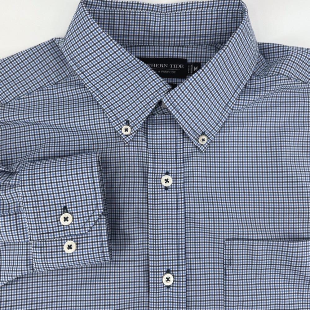 Southern Tide Charleston Mens M Performance‎ Blue Check brrr Cooling Button Down